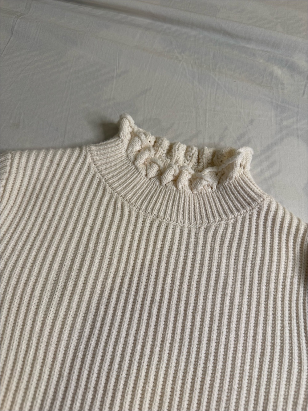 Classic Ivory Ruffle Neck Ribbed Sweater - Picture 3 of 5